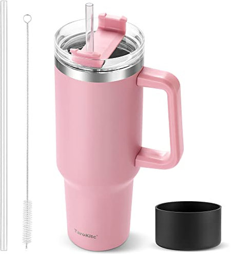 40 oz Tumbler with Handle and Straw, Pink Insulated Travel Mug Iced Coffee Cup, Reusable Stainless Steel Insulated Water Bottle, Keeps Drinks Cold for 34 Hours, Women Christmas Gifts for Mom Grandma