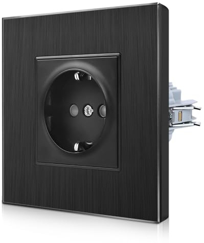 CNBINGO Aluminium Steckdose Unterputz mit Spannkrallen, 1-Fach Schwarz | Schuko Einzelsteckdose mit Rahmen aus Aluminium, Schutzkontakt Wandsteckdose mit Kindersicherung, Horizontal oder Vertikal