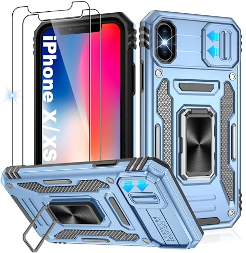 Jshru for iPhone X Case with Screen Protector [2 Pack] and Slide Camera Cover,Shockproof iPhone XS Case,Ring Kickstand Phone Cover for iPhone X/XS,Light Blue
