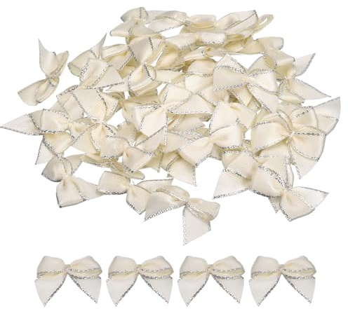 QUARKZMAN 100 Stück Mini Schleifen 25mm Satinband Bögen mit Silberlinien Rand Kleine Weihnachtsbaum Schleife Geschenkschleifen Schmuck zum Basteln DIY Haarschleife Party Geschenk, Cremeweiß