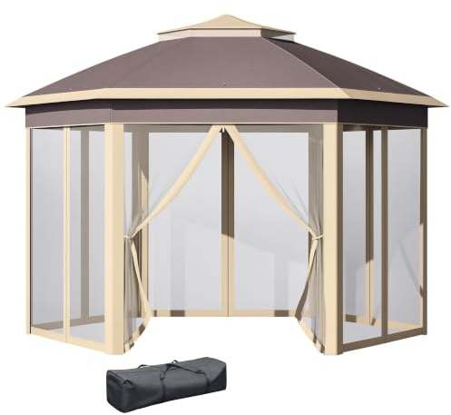 Outsunny Carpa Plegable 4x3,4x2,85 m con Doble Techo Anti-UV Gazebo Beige | Cenador de Jardín Hexagonal, 6 Mosquiteras Desmontables, Bolsa de Transporte, Altura Ajustable en 3 Niveles