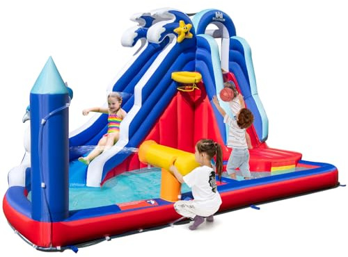 GOPLUS Aufblasbare Hüpfburg mit Rutsche und Planschbecken, Bouncy Castle mit Kletterfläche & Wasserpistole & Basketballkorb & Tragetasche & Bodenpfählen, für Kinder ab 3 Jahren (Delphin, Ohne Gebläse)