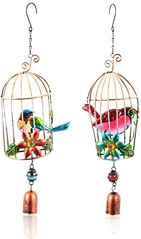 2 x Vogelkäfig-Windtür-hängende handgefertigte Ornamente, Vintage-Türglocken, hängende Dekorationen für Veranda, Garten, Garten, Ornamente im Freien
