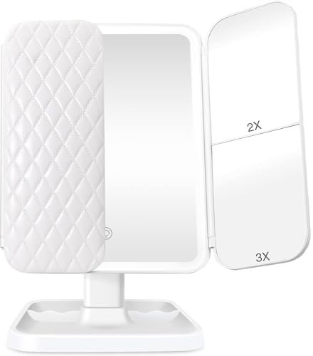 Espejo de Maquillaje con Aumento 1X/2X/3X, Espejo LED Recargable para Maquillaje con 3 Configuraciones de Luz Led [Triple Pliegue y Pantalla Táctil], Espejo Cosmético con Batería o Cable USB Incluido