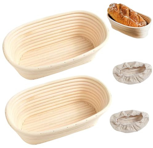 DAJASD Banneton Bread Proofing Basket, 2PCS 25cm/10Inch Oval Natural Sourdough Proving Basket, Rattan Proofing Basket with Linen Cloth Liner, Sourdough Bread Professional Home Making Tool Kit