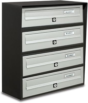 ALUBOX Slim Boîtes aux Lettres Collectives 4 Compartiments 50x39x30 cm en Tôle Galvanisée et Aluminium Boîte aux Lettres Extérieure avec Système Anti-Retrait (Anthracite ET Argent)