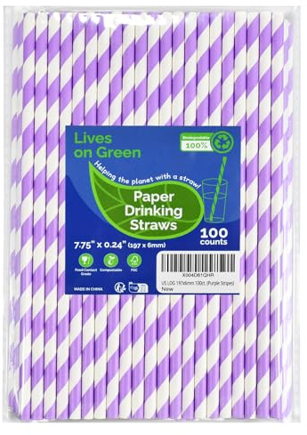 Lives on Green Cannucce di carta a righe lilla monouso 100 pezzi 19,7 x 0,6 cm, senza confezione, per cocktail, caffè, acqua