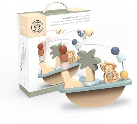 Speedy Monkey 691016 Motorikschleife Schaukel mit Äffchen und Palme, Motorikspielzeug aus Holz für Kinder ab 12 Monate, 21x22 cm