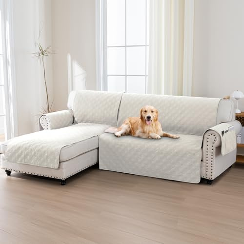 BellaHills 100% Wasserdicht Sofabezug 1 2 3 4 Sitzer, Wasserdicht Sofabezug L Form (247cm), Ecksofa Sofa überzug Anti-rutsch Sofaschutz, Beige