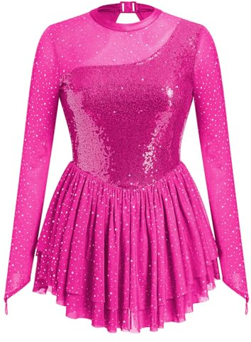 Eiskunstlaufkleid für Damen, Schmetterlingspailletten, Netzärmel, Eisläufer-Outfits, rhythmische Gymnastik, Chiffon-Kleid, Knallpink (Hot Pink), Klein