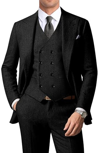 ZKHOECR Men Suits Tweed Herringbone Black Suits for Men Double Breasted Suit Jacket Vest Pants 3 Piece Wedding Prom Tuxedo Suits M