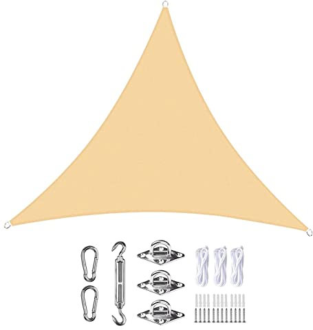 Dreieckiges Sonnensegel, 6,5 x 6,5 x 6,5 m, wasserdicht, 98 % UV-Block, Outdoor-Sonnenschutz, Markise mit Gratis-Seil für Terrasse, Rasen, Pergola, Terrassendielen, Cremefarben