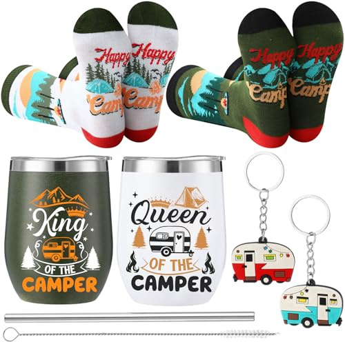 Patelai 6 Pcs Camping Gift Set RV Gifts for Couple Includes 12 oz Stainless Steel Wine Tumblers Unisex Crew Socks Keychains Outdoor Gifts for Women Men Picnics Hiking RV (Classic)