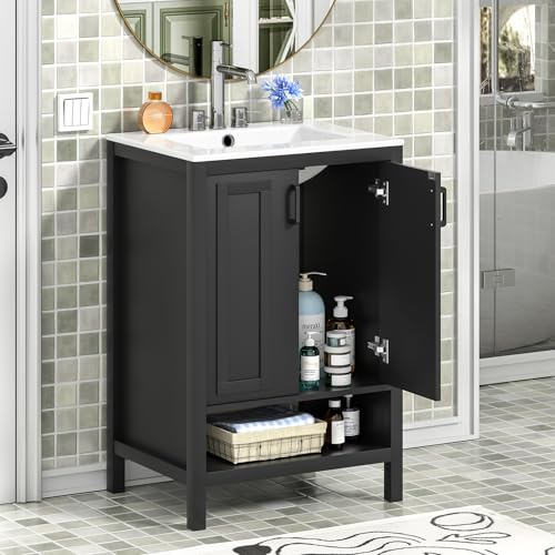 Yvsevnr Waschtisch mit Unterschrank 60 cm Waschbeckenunterschrank mit Keramik Waschbecken, Badezimmerschrank aus Holz, Badmöbel für Gäste-WC, Freistehend Badezimmermöbel Schwarz