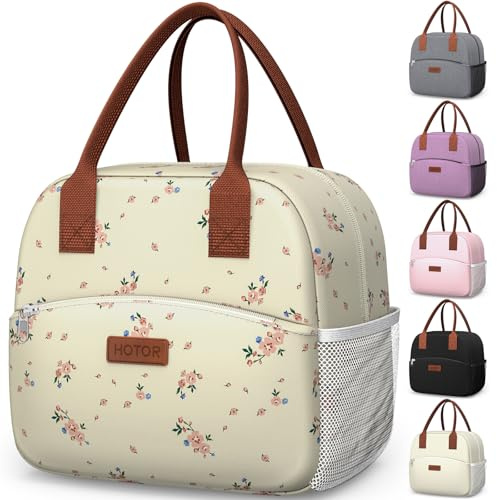HOTOR Lunch Bags for Women & Men - Wear-Resistant & Leak-Proof Insulated Lunch Bag with Large Capacity, Multi-Functional Cooler Box for Office, Picnic,Beige Flower, 27.0×15.0×24.0 cm