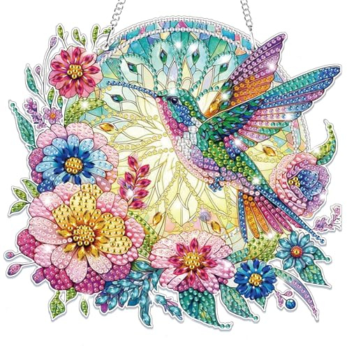 Lxmsja Birds Diamond Art Hanging Ornaments with Chain for Adults, Special Shaped Diamond Painting Flowers Pendant Kits, Hanging Crystal Suncatcher Gem Art Kits for Home Door Wall Decor Gifts