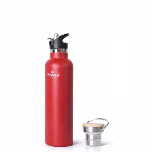 Bakhtiar®️ Doppelwandige Edelstahl Trinkflasche - Premium Isolierflasche für Heiß- & Kaltgetränke - Sportflasche mit zwei Deckel - Getränkeflasche Kohlensäure geeignet (Rot, 500ml)