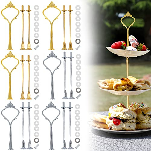 VQBKHO 6 Stück etageren stangen Set,Vintage Etageren Bausatz bausatz etagen Etagerenhalter Mittellochausstech 2 bis 3 Etage Silber für Torte Cupcakes Macarons Donut und Obst (Platte nicht enthalten)