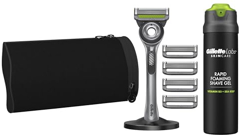 Gillette Labs Rasierer Herren, Nassrasierer, Metall, Schwarz/Gold | Herrenrasierer mit Reinigungselement, Inkl. 1 Handstück, 5 Rasierklingen, 1 Rasiergel 200ml, Magnetischer Dock Und Tasche