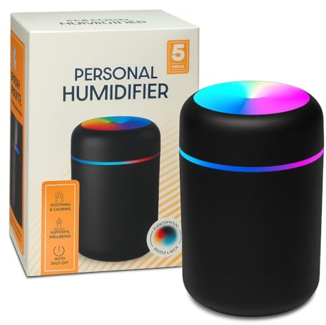 Lizzy Humidifier 300ml Portable Mini Humidifiers for Bedroom, Personal Desktop Air Humidifier with Colorful Cycling Light | 2 Mist Modes and Auto Shut-Off, Super Quite for Office Home Car (Black)