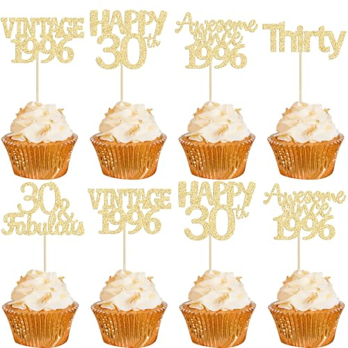 Gyufise 30Pcs Happy 30th Birthday Cupcake Toppers Glitter Thirty Vintage 1996 Cupcake Picks Cheers to 30 Fabulous Cake Decorations for Happy 30th Birthday Wedding Anniversary Party Supplies Gold