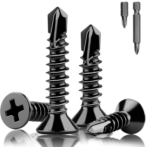 XRXYMQ M4.8 x 25 mm Black Self Drilling Screws 100 Pcs 410 Stainless Steel | Self Tapping Screws, Metal Screws and Countersunk Screws with 2 Bits for Sheet Metal, Aluminium, Wood and Furniture