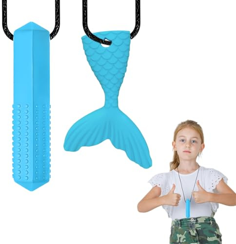 KIRZAX Kaukette für Kinder ADHS,2 Stück Sensory Beißkette aus Silikon,Chew Chew Sensory Kauen Halskette,für Babys und Kinder,Perfekt bei Zahnen, Beißbedürfnis und Nägelkauen