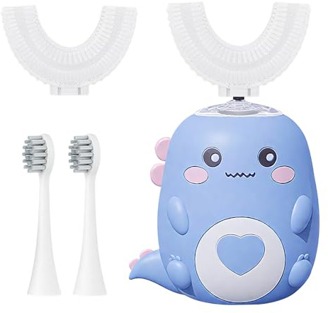 Jonuin 360º Kinder Ultraschallzahnbürste, U-förmige Elektrische Kinderzahnbürste mit 2 U-förmigen Silikonbürstenköpfen & 2 Weichen Bürstenköpfen, Elektrische Zahnbürste für 2-12 Jahre Kinder (Blau)