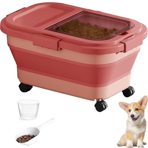 ZHUIYIWIN Pet Food Storage Container for Dogs/Cats, Airtight Folding Dog Food Bin with Wheels,Handle, Cat Food Container with Lid and Measuring Cup Scoop (Red)