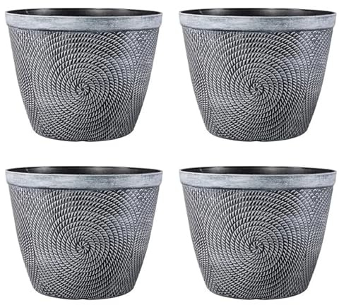 Fyne-Finds Round Silver Grey Plastic Plant Pot 30cm Spiral Effect 11.5L Garden Indoor Outdoor Planter Cover Drainage Holes, Weather, Frost Proof Glossy (4)