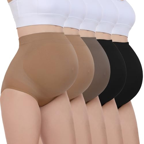 Diawsome 5 Pack Women's Maternity Underwear Over Bump, Seamless High Waist Brief Panties Pregnancy Soft Pregnancy Shapewear