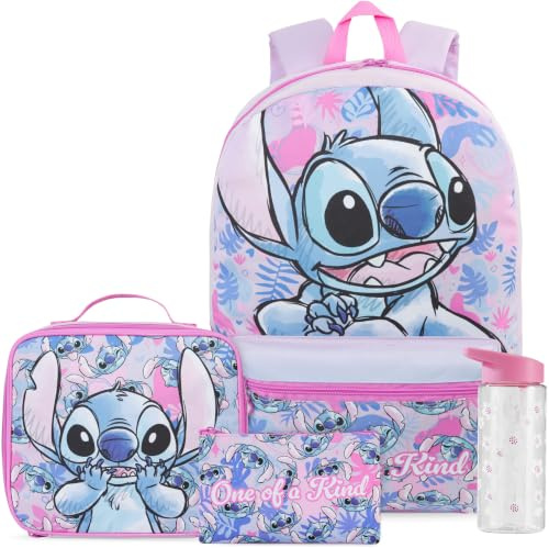 Get Trend Disney Stitch Grand Sac a Dos Fille Set, 4 Pcs Cartable 46 cm, Trousse Scolaire, Sac Isotherme Repas et 500ml sans BPA Gourde avec Paille (Multi Stitch)