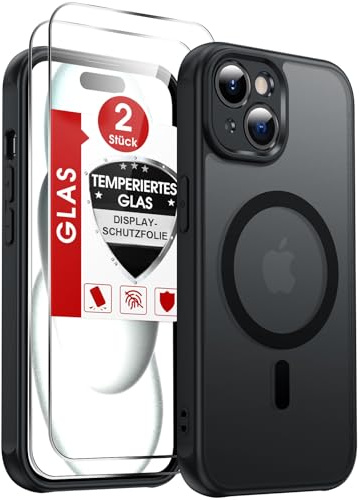 LeYi Cover Magnetica per iPhone 15 con 2 Pezzi Vetro Temperato(Nero) | Custodia Compatibile con MagSafe Traslucida Opaca Anti-Impronte Resistente Antigraffi Antiurto Protettiva per iPhone 15 Case