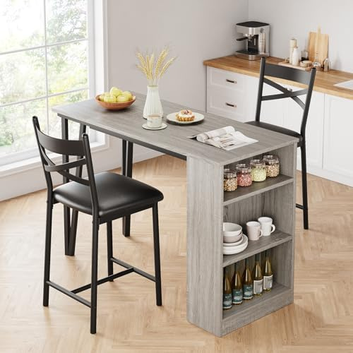 Niwugady Bartisch Set 3-Teilig, Klappbarer Esstisch mit 2 Stühlen & 3 Ablagen, Tresentisch Barhocker Essgruppe 2 Personen Küchentisch Industriedesign Metallrahmen, Grau
