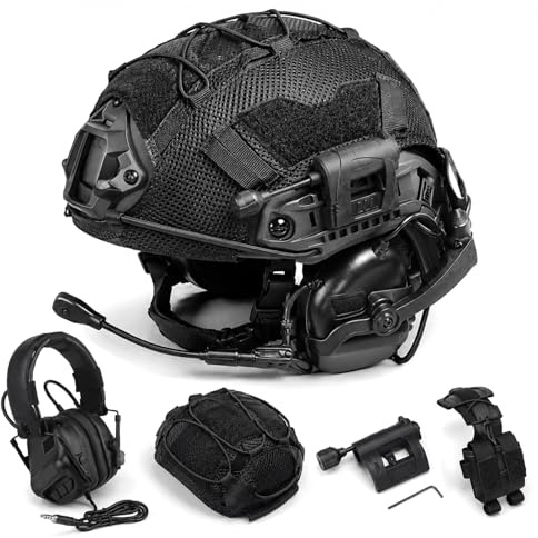 FmedRBC Tactical Helmet Set With Comms Headset And Mesh Cover, Adjustable Modular Protection System With Detachable Boom Mic, Counterweight Pouch For Airsoft, Paintball, Cosplay