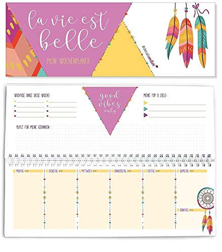younikat jahresunabhängiger Tischkalender im Boho Style - dv227 | 10,5 x 29,7 cm bunt, 1 Woche 2 Seiten, ohne Datum, 120g/m² Natur-Offset-Papier mit einem 350g/m² Umschlag, Gast-Geschenk