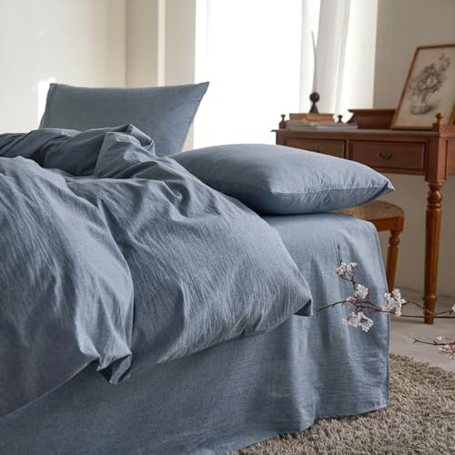Wake In Cloud - Cotton Duvet Cover Set, Queen Size, Chambray Denim Blue, 100% Washed Cotton, Linen Like Textured, Breathable Percale Durable Comfy Farmhouse Neutral Bedding Set, 3 Pieces