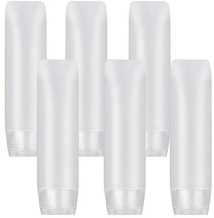 JamHooDirect 6 flaconi da viaggio vuoti in plastica trasparente da 30 ml con tappo a scatto, contenitori trasparenti ricaricabili per cosmetici, tubi comprimibili, include 12 adesivi per shampoo,