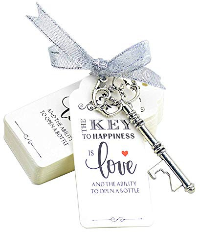 52pcs Key Bottle Openers with Ribbon for Wedding Favors Antique Silver | Vintage Souvenir Gift Set with Escort Thank You Tag Card for Guests,Wedding Decoration,Party Supplies
