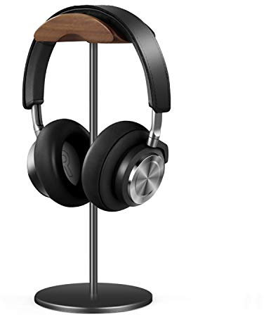 QinCoon Headphone Stand, Walnut Wood & Aluminium Headset Stand, Nature Walnut Gaming Headset Holder with Solid Heavy Base for All Headphone Sizes (Black)