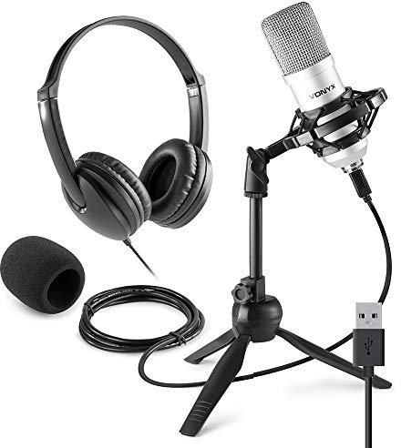 VONYX CM300S USB Condenser Microphone and VH100 Studio Headphones Set - Professional Podcast, Gaming, Streaming & Home Studio Recording Kit, Shock Mount, Tripod Stand, Plug & Play, Silver