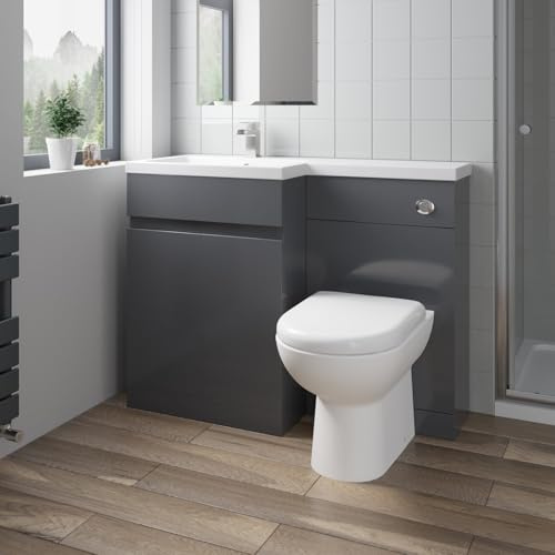 Artis 1100mm Combination Vanity Unit Furniture Set, Wash Basin Bathroom Sink, BTW Toilet Pan & Soft Close Seat, L Shaped Storage Cabinet, Left Hand, Grey Gloss