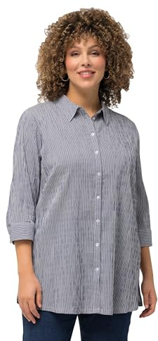 Ulla Popken Camicetta a Bolle da Donna, a Righe, Colletto Camicia, Maniche a 3/4, Nero, 66/68, Nero, 66-68