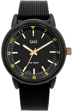 Q&Q Herren-Uhr Silikon 10 Bar Leuchtzeiger Leuchtindexe Analog Quarz (schwarz gelb)