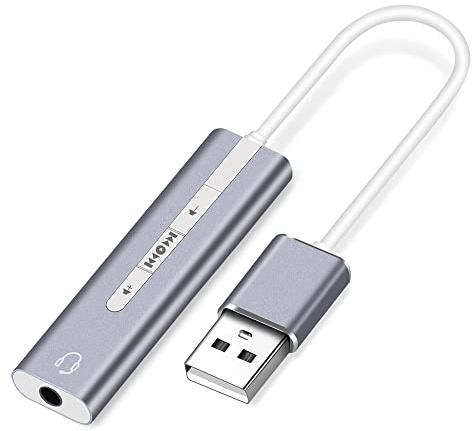 External Sound Card, USB Type A to 3.5mm Audio Jack Adapter, Headset Audio Adapter Cable, Compatible with PC, Laptop, Headset, Speaker, Windows (Grey)
