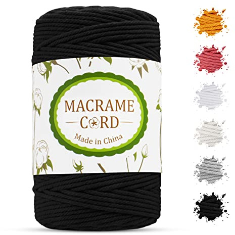 LEREATI Corda Macrame 3mm x 200m, Filo Macrame Cordoncino Cotone Naturale, Macramè Filo Spago Colorata, Cordino per Borse Uncinetto, Arazzo da Parete, Fai da Te, Decorazione Bohémien (Nero)