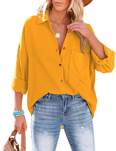 NONSAR Damblus, ledig skjorta med V-ringning, 100 % bomull, lös passform, solid, tjock topp, elegant med ficka, GUL, XXL