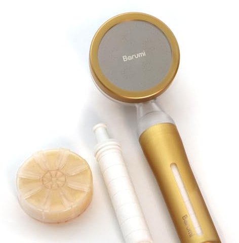 Barumi Pluo Cabezal de ducha filtrado a mano - dorado | Filtro de vitamina C para piel y cabello sanos | cabezal de ducha de chorro suave de alta presión | ablandador de agua dura de doble filtración
