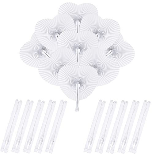Hileyu 24 Pcs White Paper Folding Fans Heart Round Shaped Paper Fans Folding Chinese Handheld Fans for Women Men for DIY Wedding Favours Gifts Party Wall Decoration (Heart)