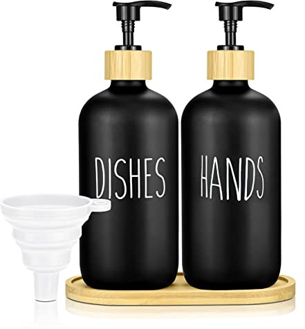 Glas Seifenspender, 500ml Matt Shampoo Spender Flaschen mit Tablett Lotion Handseifenspender Pumpflasche Badezimmer Set Spülmittelspender für Küche Bad Dusche Arbeitsplatte Waschküche - Schwarz